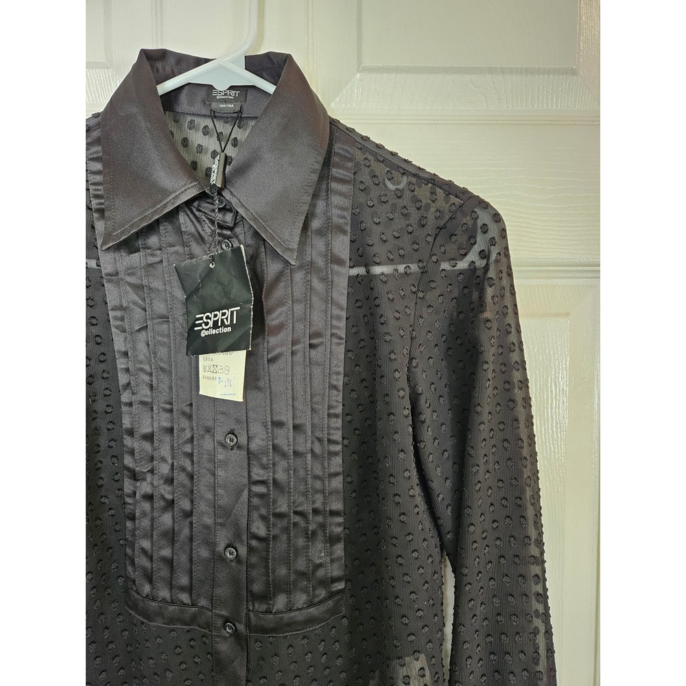 Esprit Collection Chinese Sheer Dotted Blouse Pintuck Long Sleeve Top Shirt S